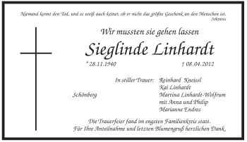 Traueranzeige von Sieglinde Linhardt von Pegnitz-Zeitung
